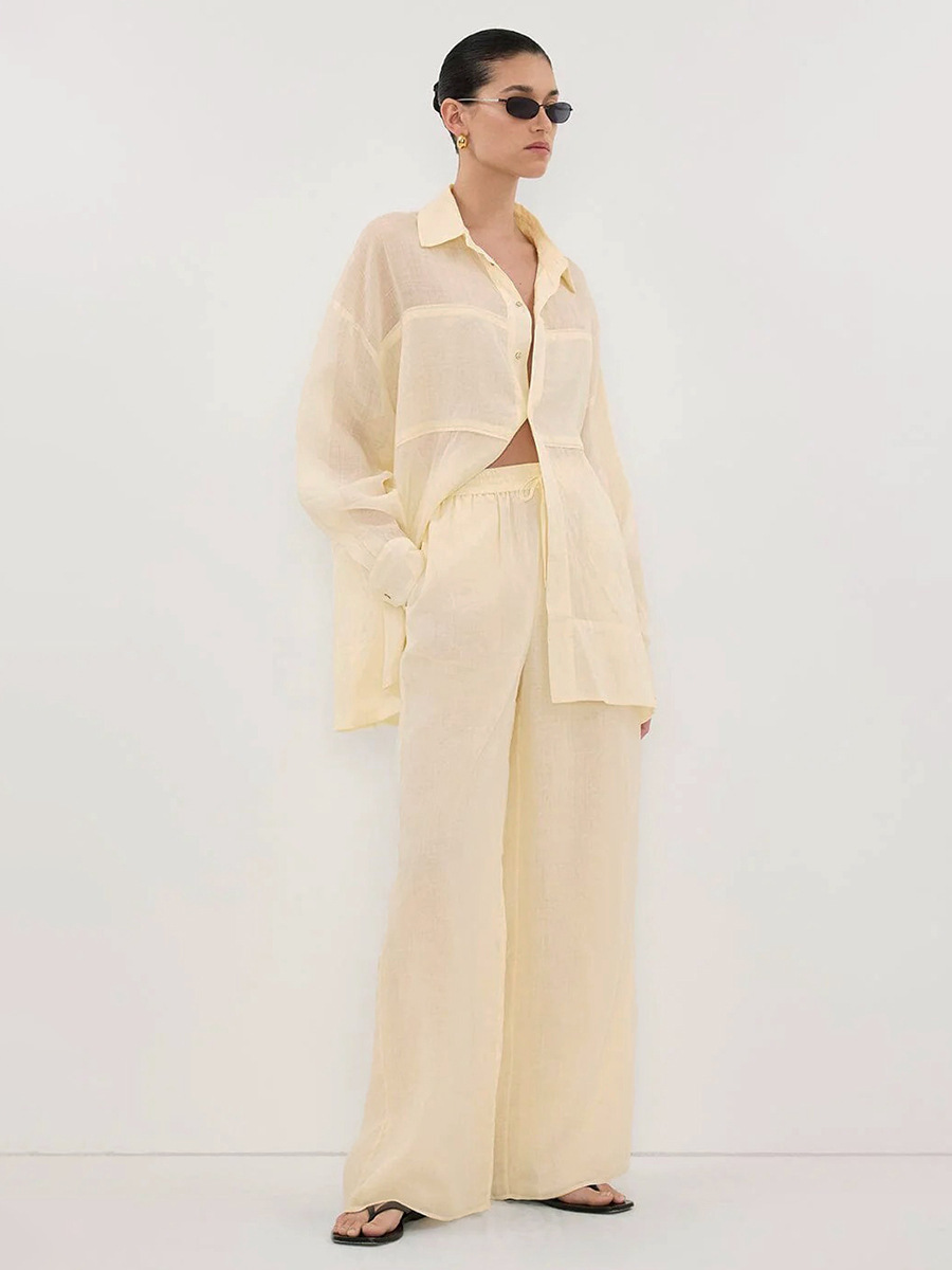 Women's Long Sleeved Shirt And Trouser Set Elegant Vacation Style_voghion.com
