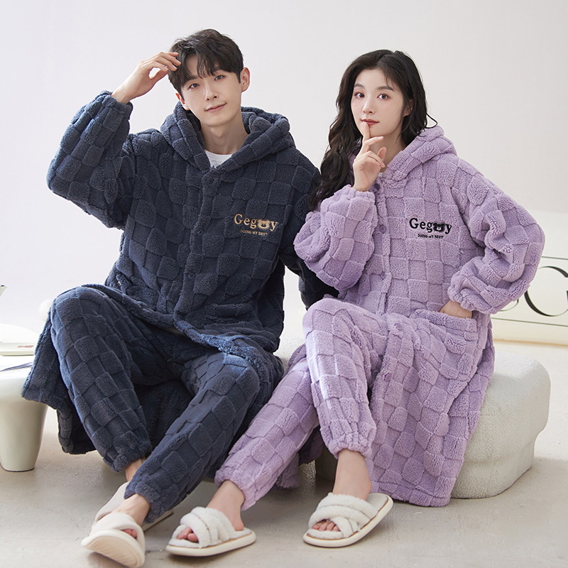Invierno coral polar pareja camisón cálido MEDIADOS DE-longitud coreano lindo grueso franela hombres homewear traje