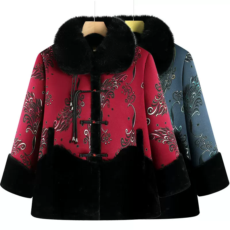 洋气妈妈冬装新中式国风中老年女装奶奶冬季仿皮草大衣加绒厚外套