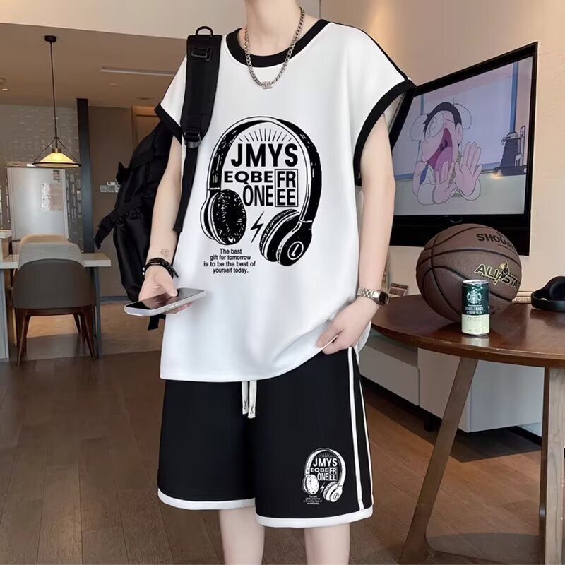 Sleeveless T-Shirt Men's Casual Suit with Handsome and Trendyy 2025 New Summer Sports Complete Set of Clothes Ins