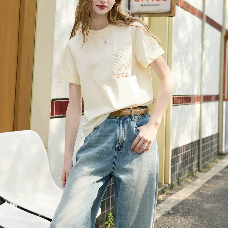 2026 Summer New Casual T-Shirt with Lace Pockets, Regular Shoulder Short-Sleeve Top, Loose Fit for Women W412Hm408Z20