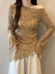 美拉德咖色扎染斜肩露肩长袖T恤女2025秋大码胖mm掐腰不规则上衣
