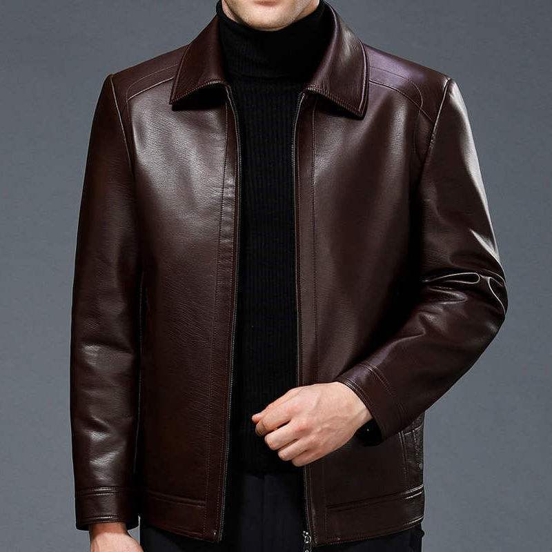 Clearance Sale Haining Middle-Aged Men's Spring and Autumn Leather Jacket Genuine Leather Sheepskin Texture Middle-Aged Dad's Leather Jacket Coat