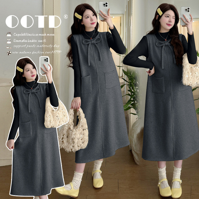 Maternity Suit 2025 Autumn and Winter New Velvet Thickeneded Woolen Elastic Vest Skirt + Simple Bottoming Shirt Two-Piece Set