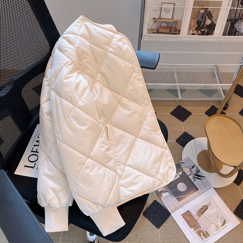 韩版羽绒棉服女短款2025秋冬新款圆领菱形小个子减龄轻薄棉袄外套