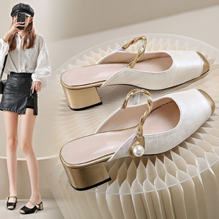 New Chinese-Style French Half-Slipper 2025 Summer New Fairy-Style Closed-Toe Fashionable Chunky Heel Mary Jane Sandals