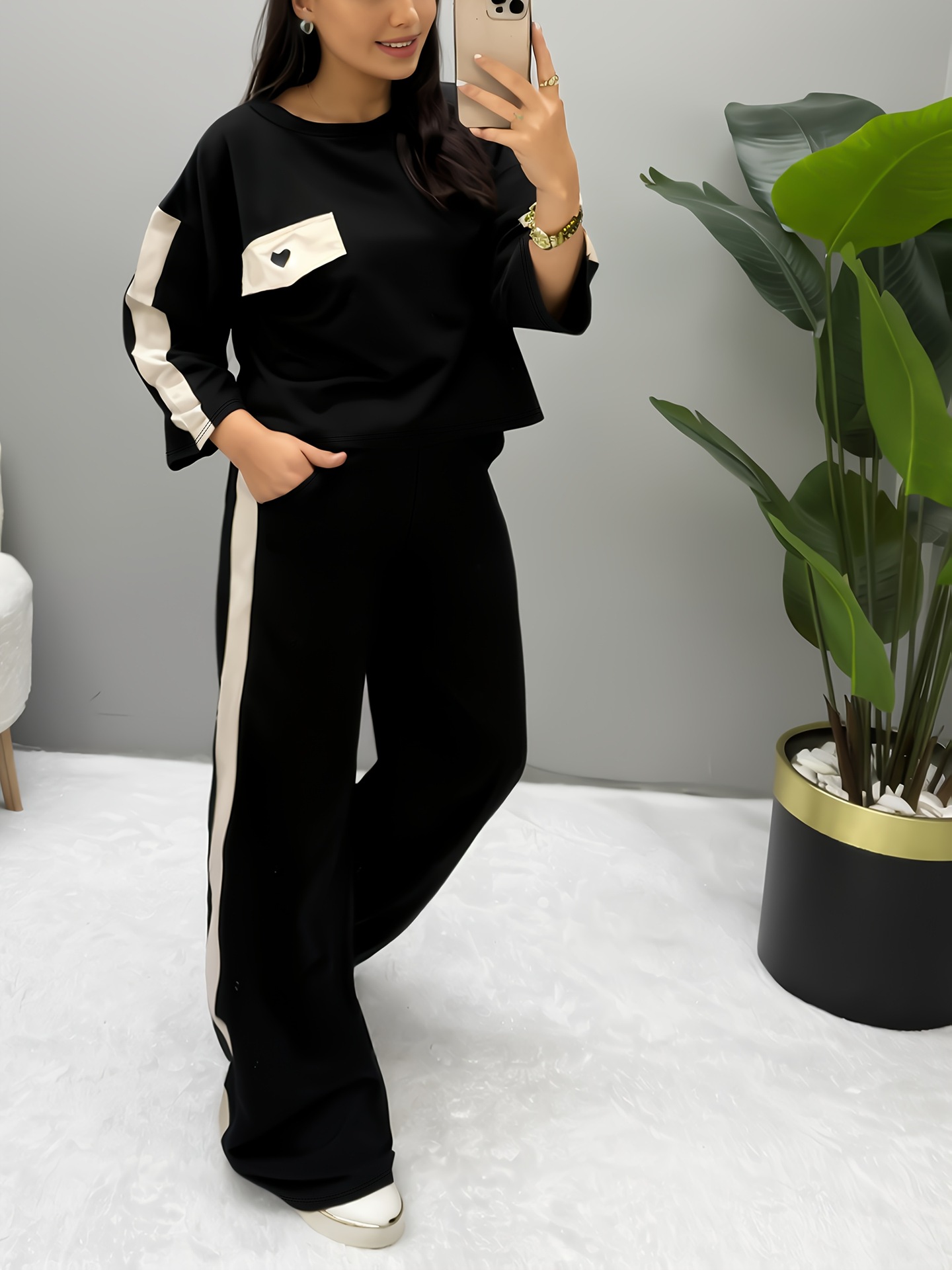 Women's Casual Short Sleeve Top With Color Blocking And Straight Leg Pants Two-Piece Lounge Set Versatile For Multiple Occasions_ecoleips.com