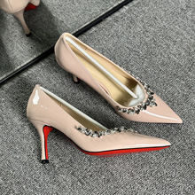 加宽高跟鞋婚鞋浅口水钻漆皮细跟单鞋女秋季性感气质仙女裸色红色