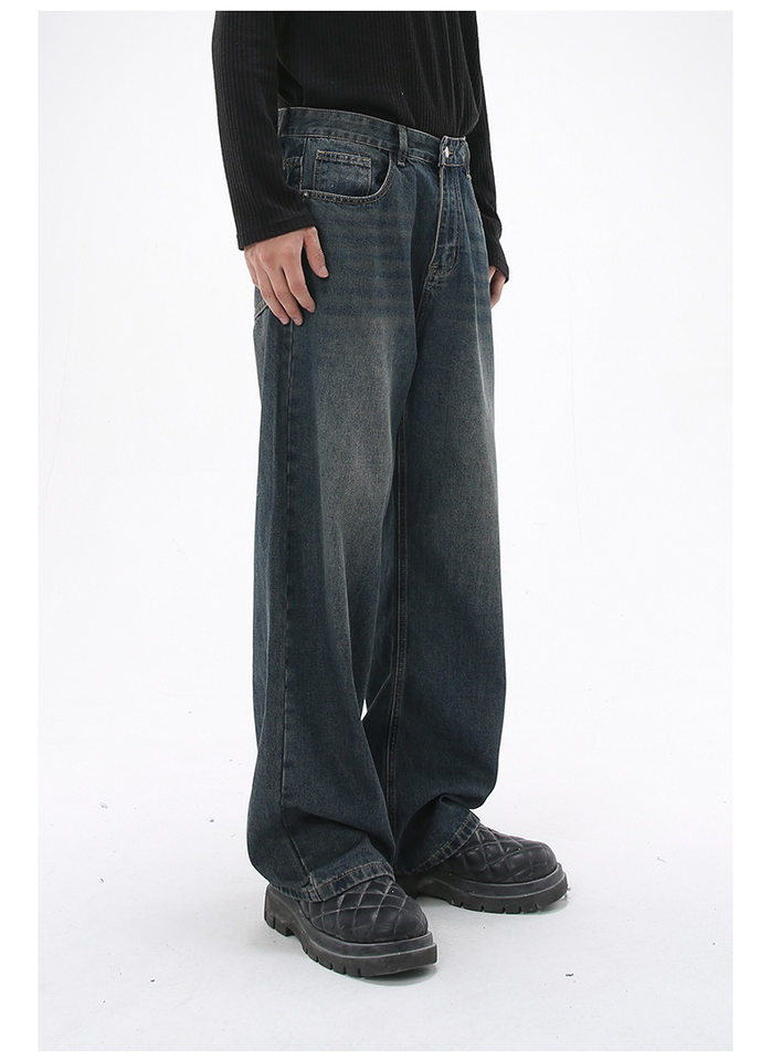 Quần jean nam ống rộng dáng suông cạp vừa vải denim xanh giặt nhẹ — Màu xanh lam chi tiết 7