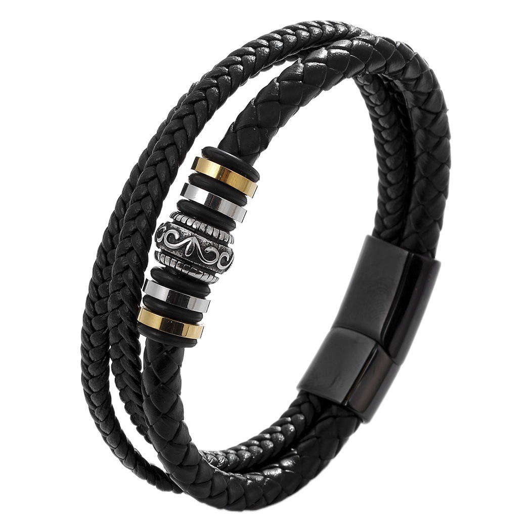 Pulsera hecha a mano de cuero de venta caliente europea y americana cuero tejido de múltiples capas pulsera de cuero de los hombres cuerda de cuero de acero inoxidable vintage