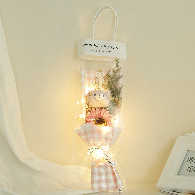 핑크 격자 무늬. 링나 벨 + 핑크 해바라기 [램프가있는 선물 가방]