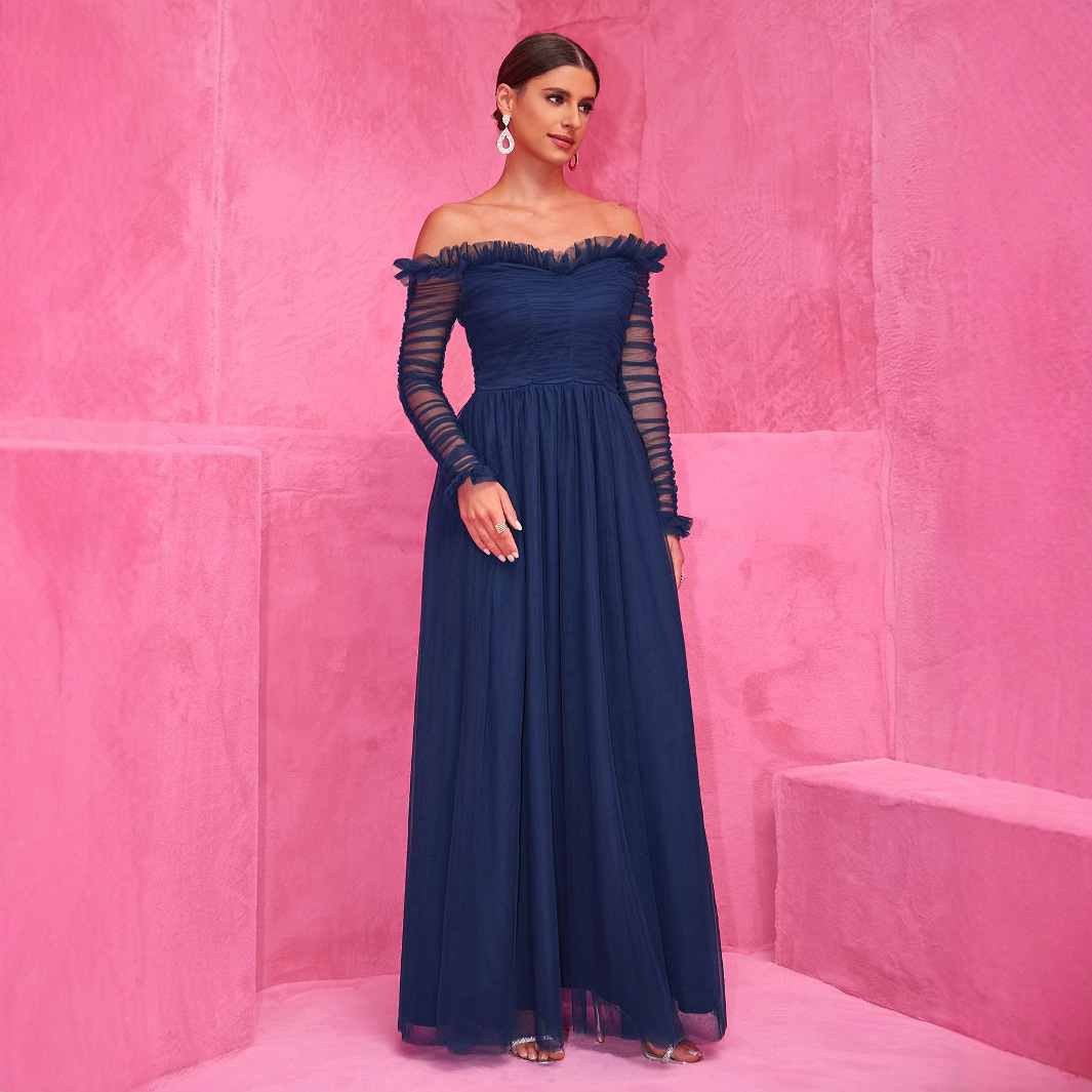 Evening dress, lace shiffon long skirt, Amazon, European style, open shoulders 3
