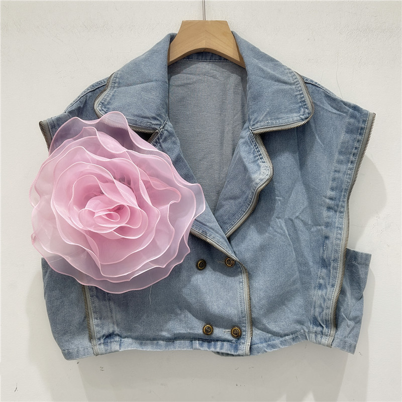 Verano nuevo estilo elegante flor tridimensional diseño personalidad hombro ancho chaleco vaquero pequeño chaqueta de caballo abrazadera chaqueta mujer