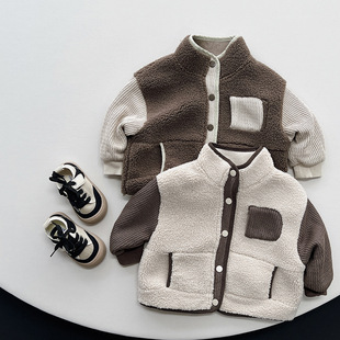 Boys' Contrast Plush Coat 2025 Winter New Female Baby Children Korean Style Warm Thickened Top Trendy