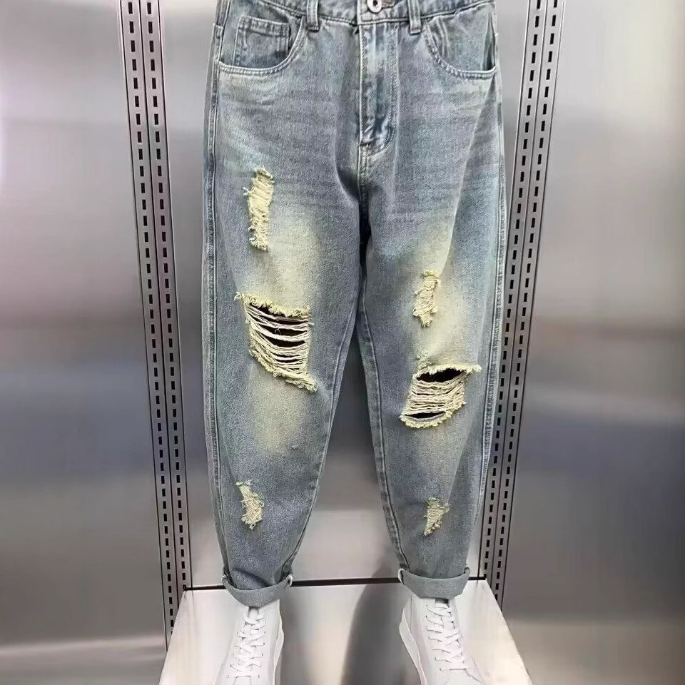 Spring And Autumn Straight Loose High Vibe Style Long Pants American Street Washed Vintage Ripped Jeans For Men_viptrois.com