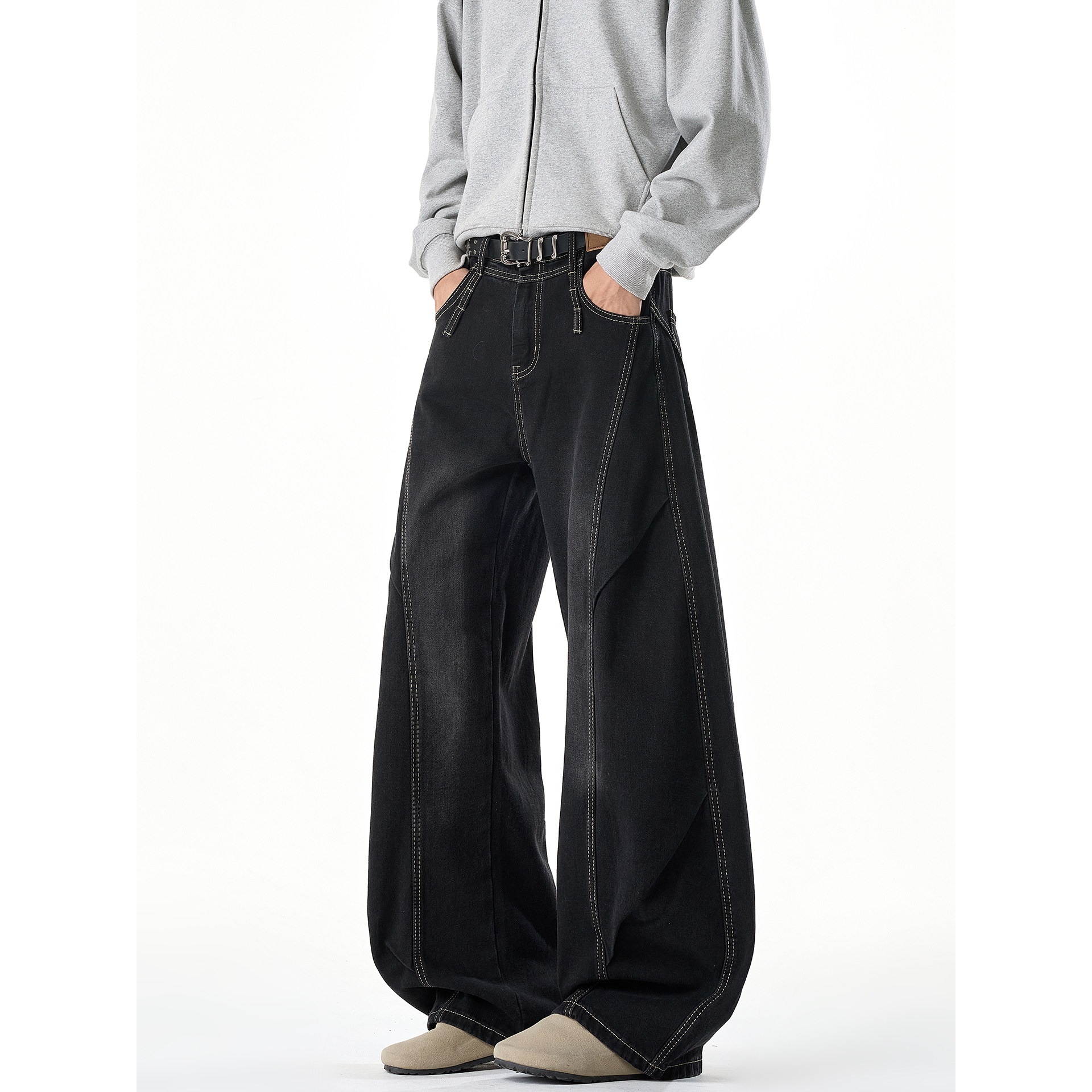 Black American-style trendy washed, distressed, loose-fit, curved-leg, wide-leg jeans with visible stitching and pleats, men's long pants