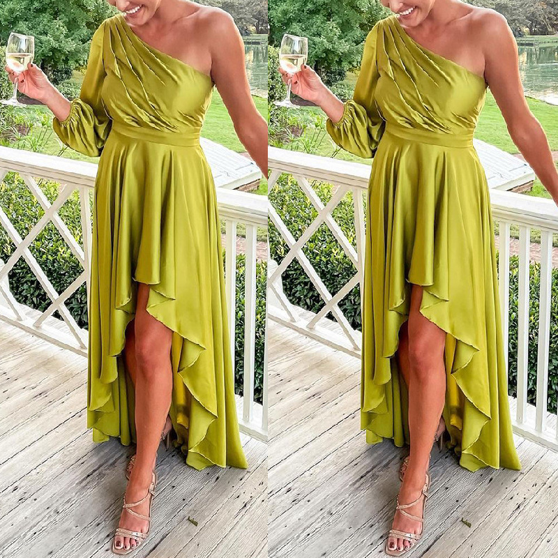 sexy green unilateral sleeved V-neck irregular hem evening dress nihaostyles wholesale clothing NSJRM91368