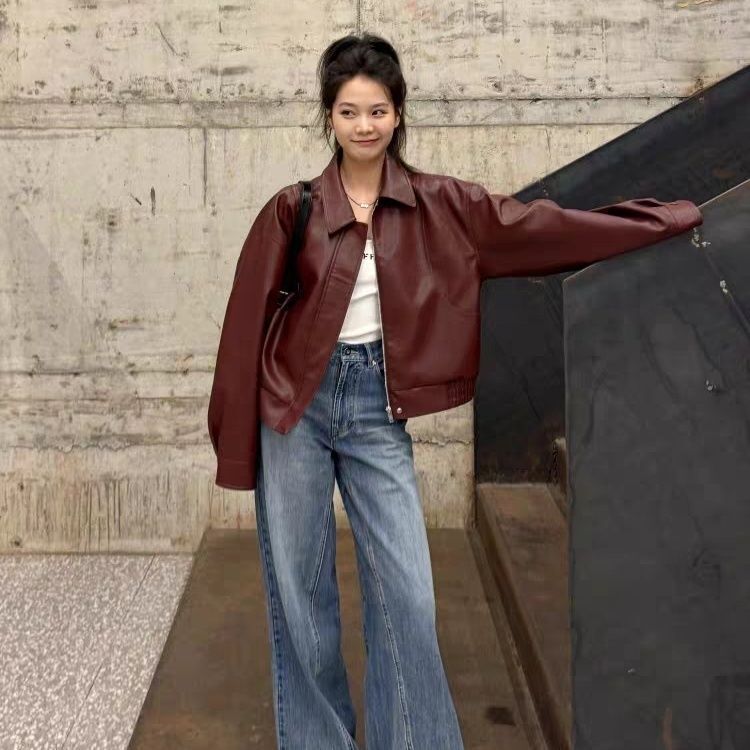 安可拉红皮衣外套女感2025新款美式机车小个子pu夹克上衣|undefined