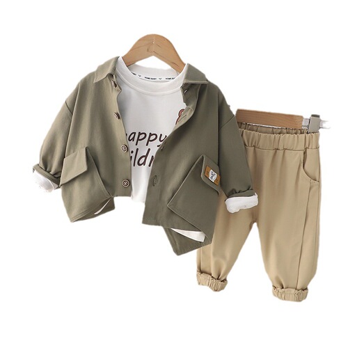 Boys work shirt set  new children's shirt spring and autumn long-sleeved street autumn T-shirt three-piece set