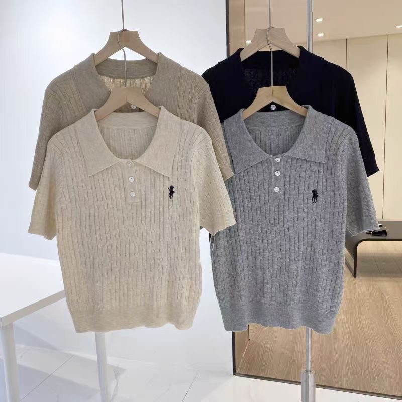 2025 New Summer Embroidered Short-Sleeved Polo Collar Gray Knitwear Women's Spring and Summer Retro Twist Versatile Tops