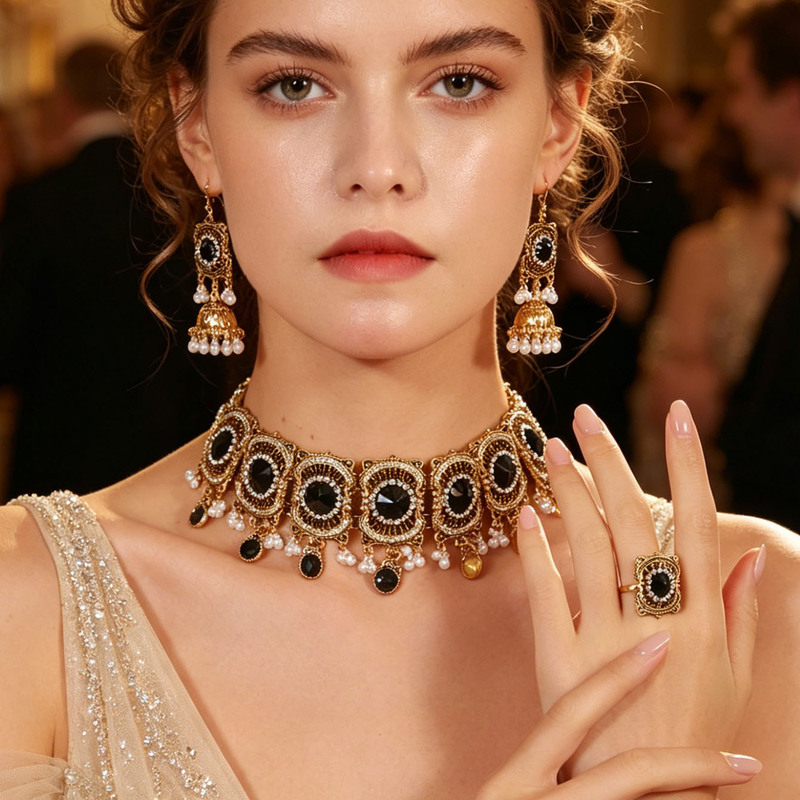 European and American Fashion Ethnic Style Retro Indian Style Gemstone Pearl Tassel Exaggerated Choker Earrings Ring Jewelry Set