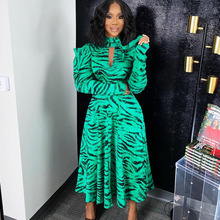 D3065M欧美女装秋冬气质通勤长袖高腰大摆印花跨境大码非洲连衣裙