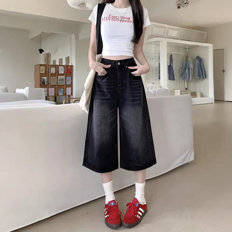 Black Cropped Pants American Style Denim Shorts Women's Summer New Retro High Waist Washed Leg Pants Loose Wide Leg Pants