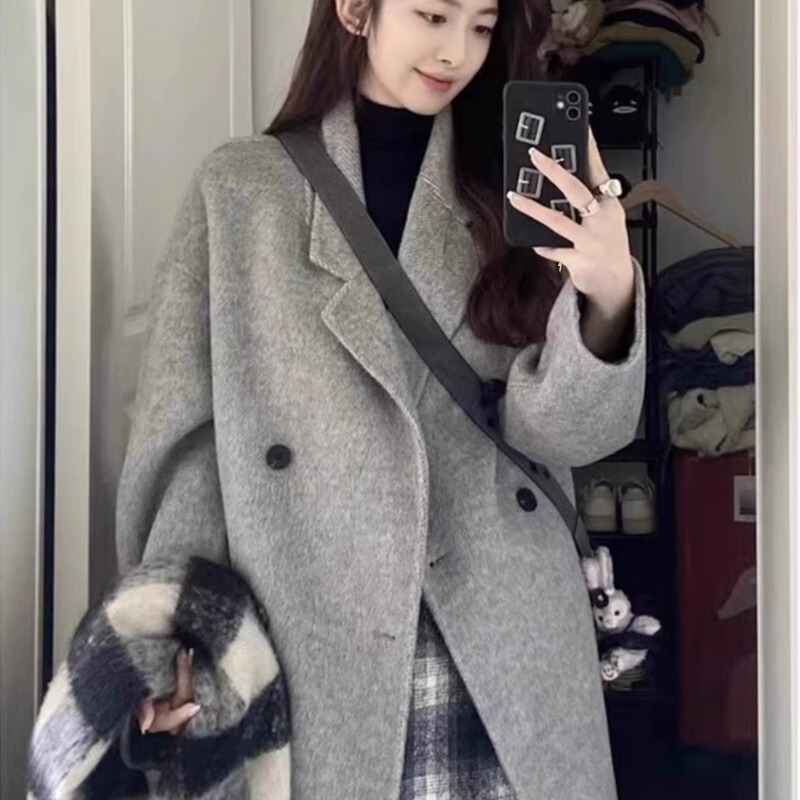 Plush double-sided wool coat mid-length suit style profile thickened warm cashmere double-sided woolen coat