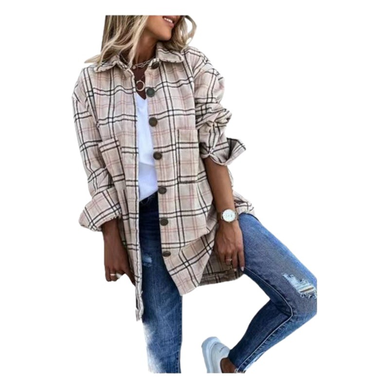 Abrigo de Lana a Cuadros para Mujer Afelpado Manga Larga para Otoño e Invierno