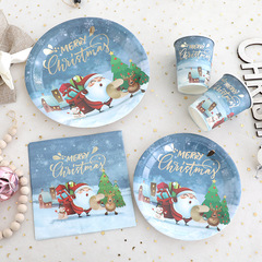 青いクリスマスのテーマの紙皿の装飾の使い捨ての箔押しの食事皿のパーティーの食器の紙コップのパーティーのセットのティッシュ