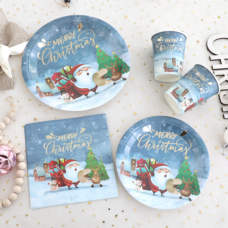 Blue Christmas Theme Paper Plate Decoration Disposable Bronzing Dinner Plate Party Tableware Paper Cup Party suit Tissue