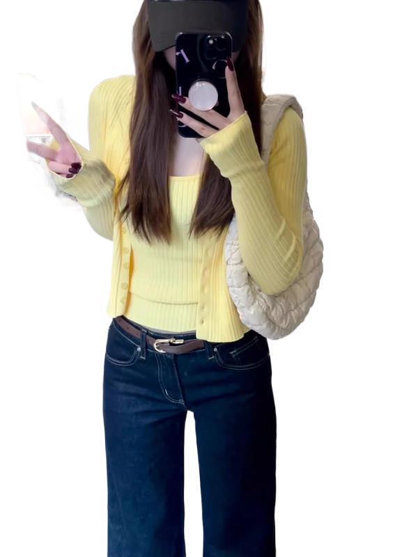 针织开衫两件套温柔风黄色短款小外套女春季内搭修身吊带背心小众|undefined