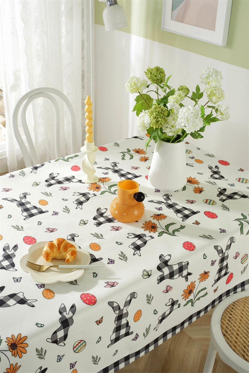 Tovaglia da caffè impermeabile in poliestere con stampa a quadri pasquali, coniglietti e fiori primaverili. Copertura per tavolo da pranzo_voghion.com