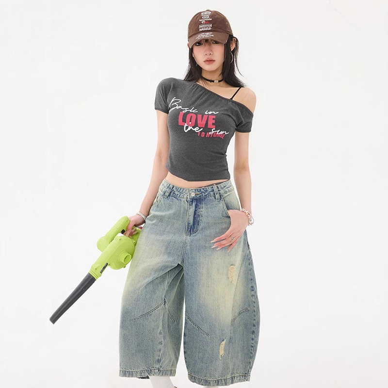 Vintage Ripped Silhouette Scimitar Jeans for Women, New Summer High-Waisted Design, Loose Wide-Leg Cropped Pants Vintage Ripped Silhouette Scimitar Jeans for Women, New Summer High-Waisted Design, Loose Wide-Leg Cropped Pants