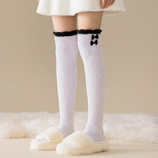 Coral Velvet Stockings, Autumn and Winter Stockings, Fleece-Lined and Thickeneded Bow-Knot Over-The-Knee Socks, Home Warm Knee-Protecting Sleep Socks