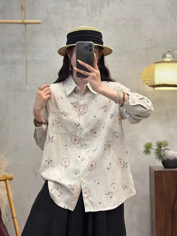 2025秋季新款复古亚麻雨露衬衫女翻领长袖宽松单排扣衬衣上衣|undefined