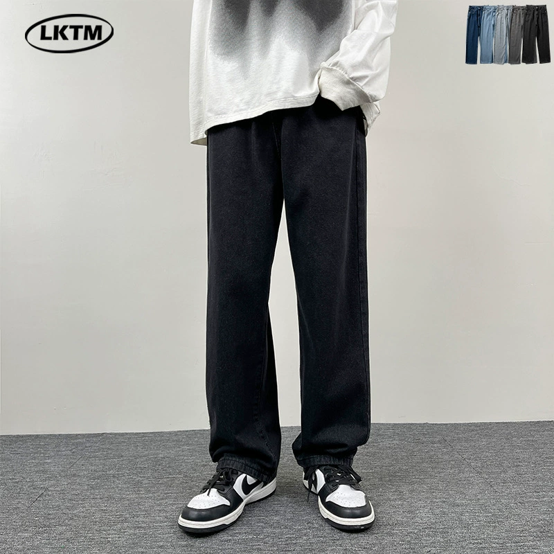 LKTM мужские # американские черные джинсы, мужские свободные прямые широкие брюки, модные брендовые длинные брюки с девятью точками