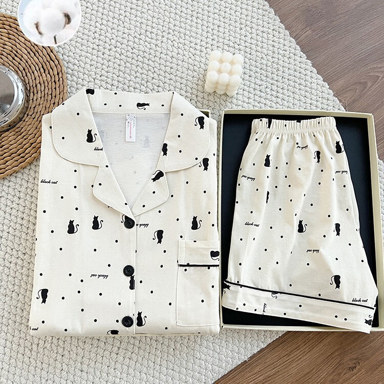 170g Summer Simple Polka Dot Kitten Pure Cotton Pajamas Women's Set Short-Sleeved Shorts Soft and Wearable as Home Clothes