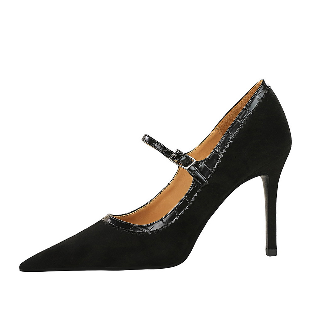 1198-6 Vintage European And American Style Black Heels, Thin Ultra High Heel, Suede, Shallow Mouth, Pointed Toe, Strap_vogvips.com
