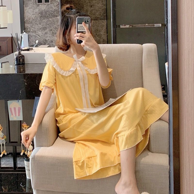 可爱日系甜美ins风长款睡裙女夏季短袖睡衣连衣裙家居服过膝长裙|undefined