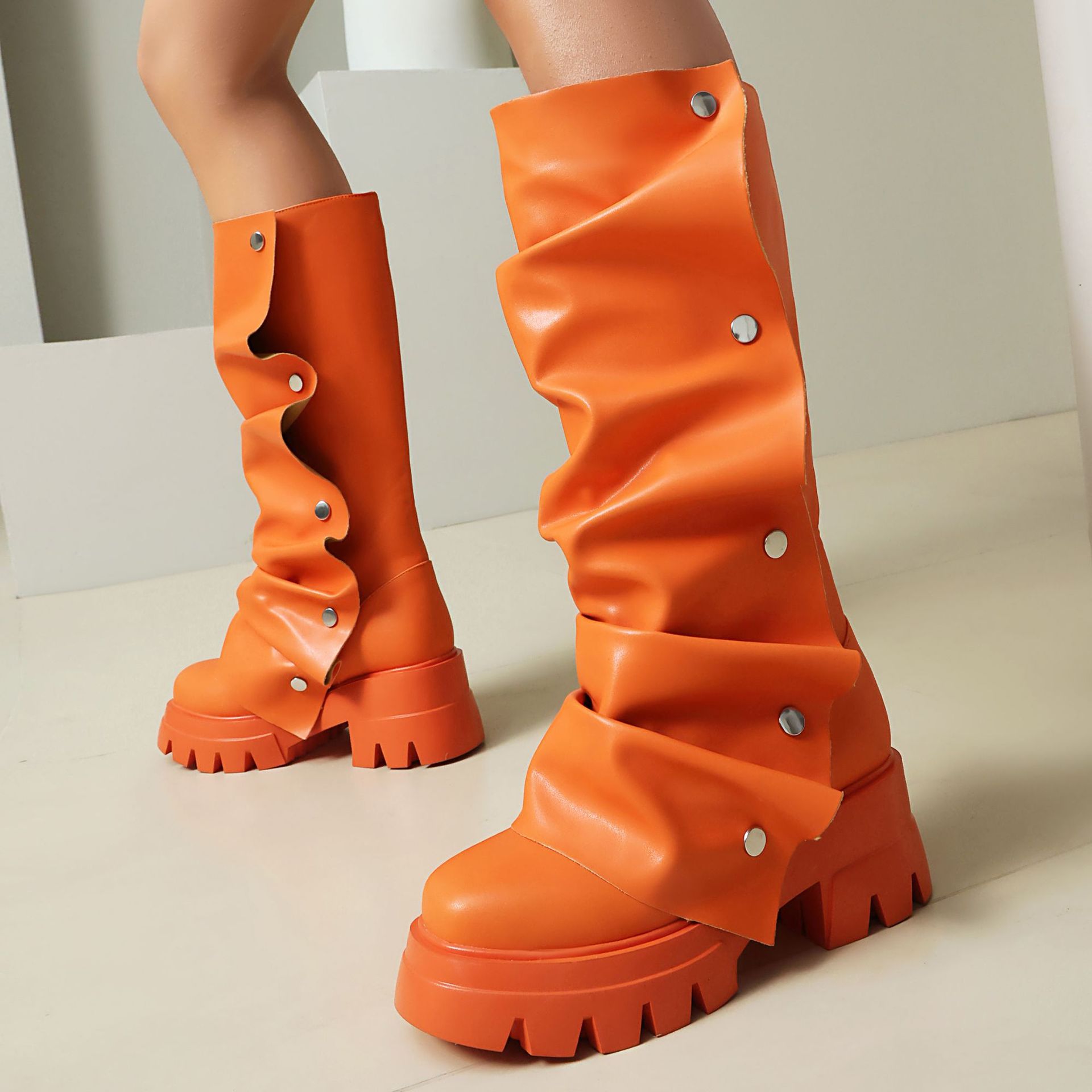Foreign Trade Women's Shoes New High Heel Thick Heel Thick Bottom Round Head Metal Rivet Two-wear Pile Knee-length Boots plus size Women's Shoes