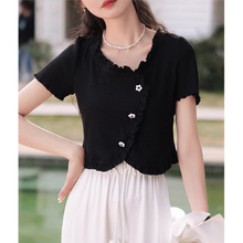 2024夏季新款短款短袖T恤女休闲宽松花朵木耳边黑色上衣韩国流行