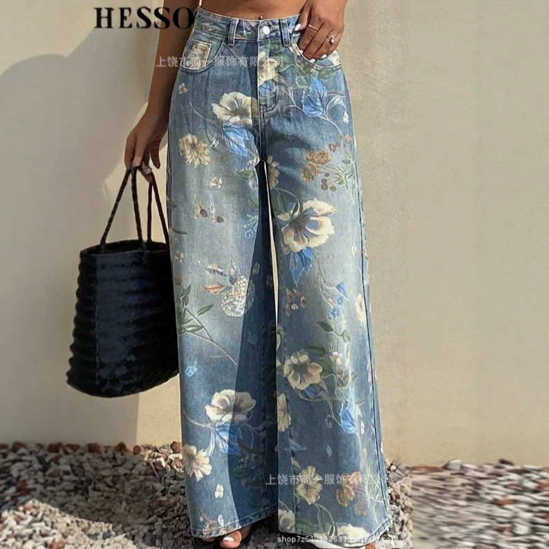 Cross-Border Faux Denim Flared Pants European and American Style 2026 Summer Thin Women's Long Pants 3D Digital Print Pattern Hot Item