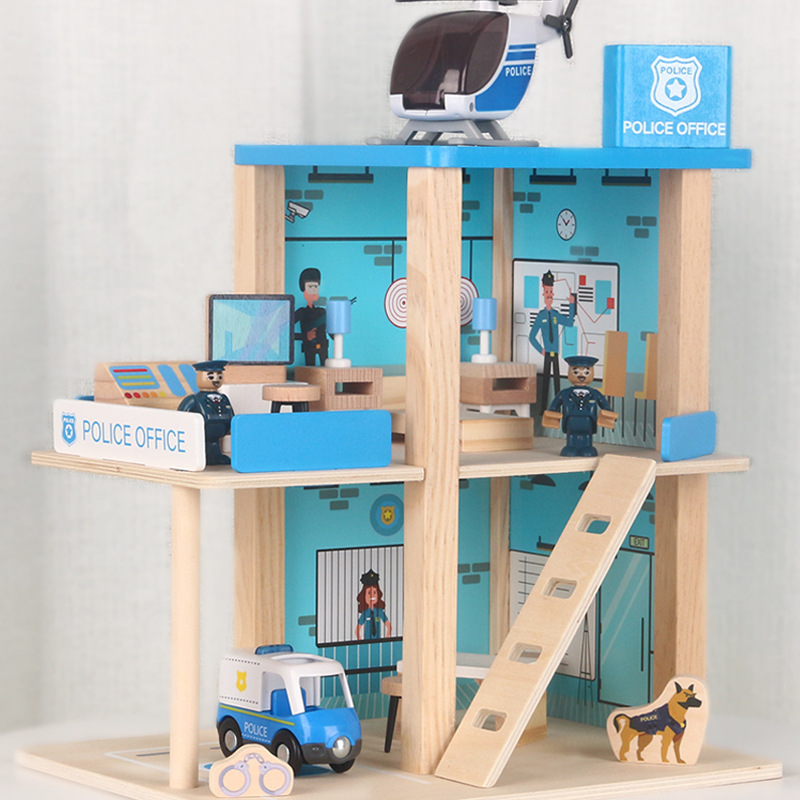 Casa de juego de simulación de madera para niños Villa sala de juguete casa de muñecas estación de bomberos estación de policía estacionamiento regalo de cumpleaños