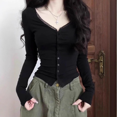早秋季纯欲风v领黑色打底开衫上衣女韩系别致修身辣妹修身短款T恤
