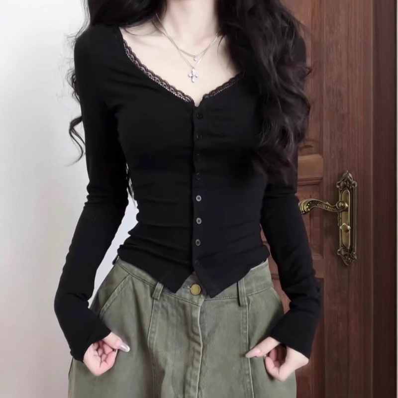 Early Autum Pure Lust Style V-Neck Black Bottoming Cardigan Top for Women Korean Style Chic Slim Hot Girl Slim Short T-Shirt