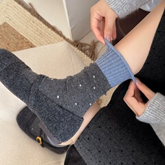 冬季加厚保暖氛围感波点羊毛袜拼色百搭撞色韩系ins穿搭女中筒袜