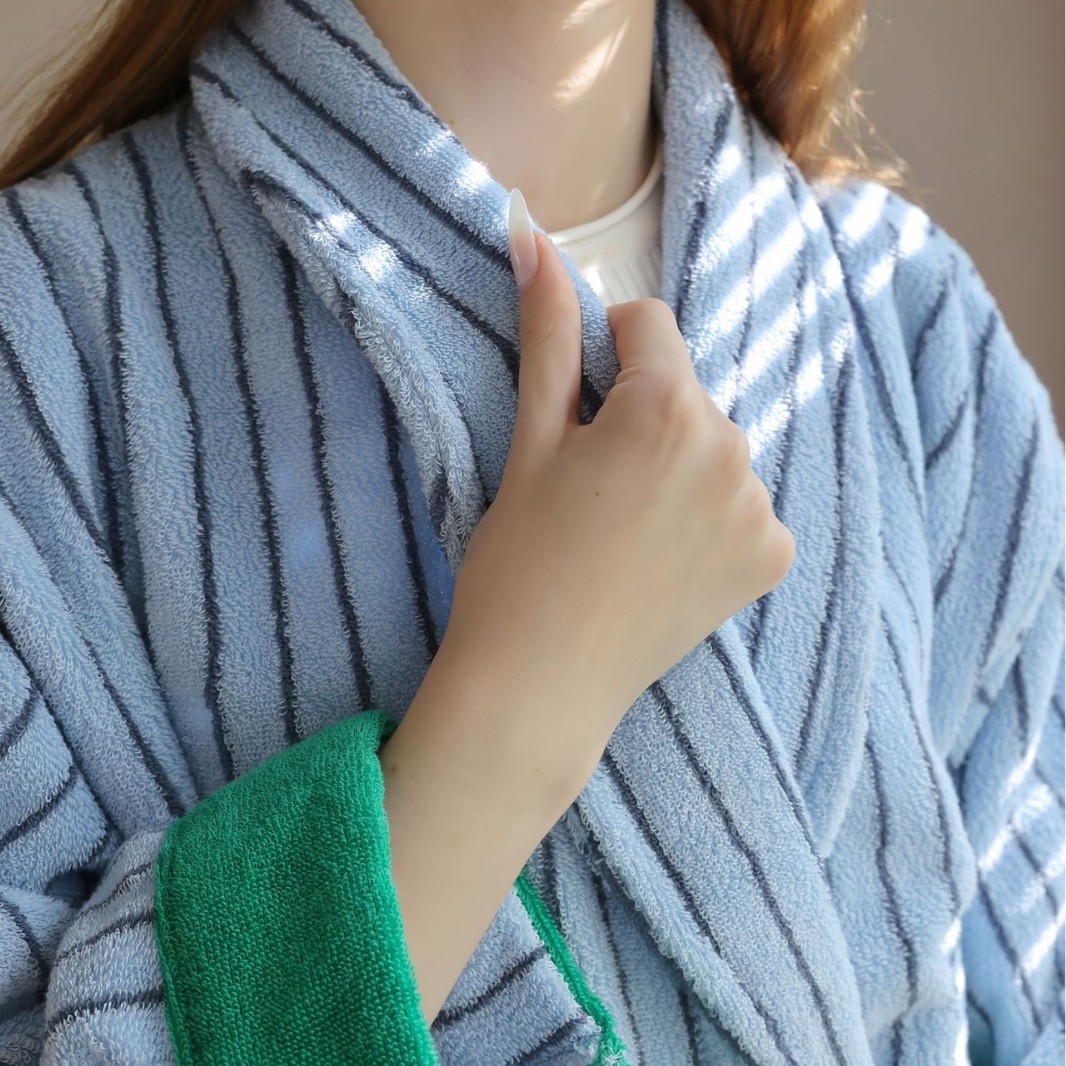 한국 스타일 컬러 블록 간단한 커플 후드 목욕 가운 순수 코튼 빗질 코튼 두꺼운 흡수 성인 호텔 홈스테이 목욕 가운