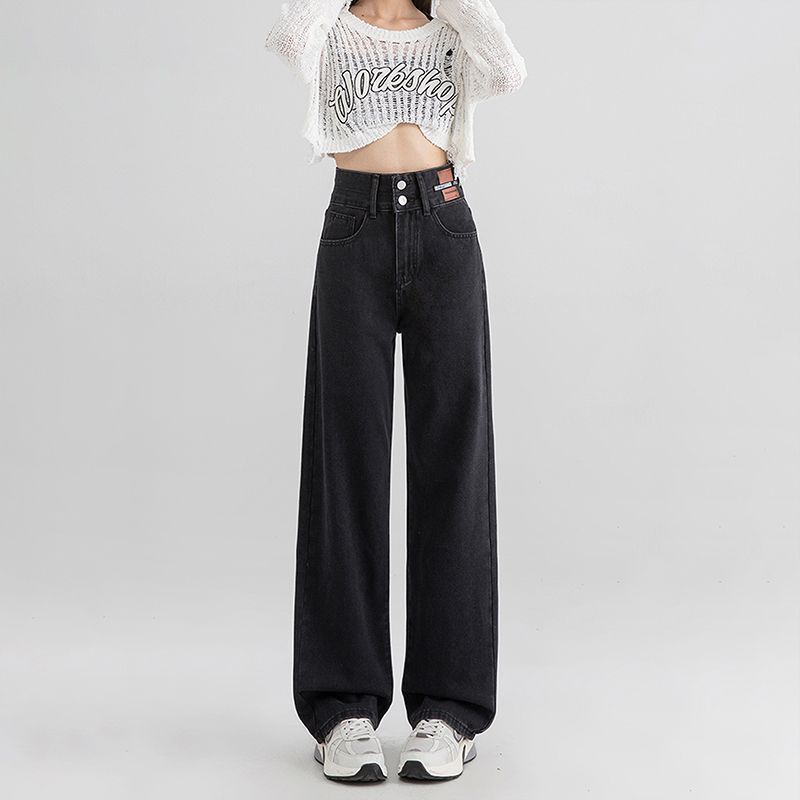 Straight-Leg Jeans Women's Spring Loose Wide-Leg High Waist Double-Buckle Belly-Tucker Narrow Dipped All-Match Pear-shaped Trousers
