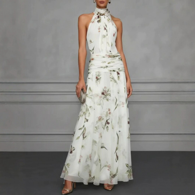European and American cross-border 2026 new model halter neck printed dress, stylish and elegant, with bow tie waist and long skirt